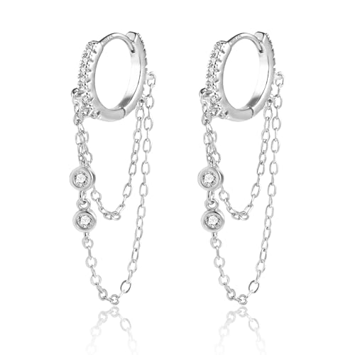 ASH'S CHOICE Ohrringe Silber 925 Creolen Damen, Kleine Creolen Ohrringe mit Kette Anhänge, Kleine mit Doppel Ketten, Glänz Zirkon Silber 925 Knorpel Piercing Ohrringen Boho Damen