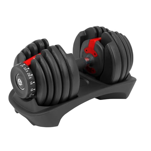 Mancuerna Ajustable de 2.5 a 24 kg con 15 Pesos Variados forrado con Mango Antideslizante y Discos de Acero para el uso en el hogar y gimnasio (Negro/Rojo)