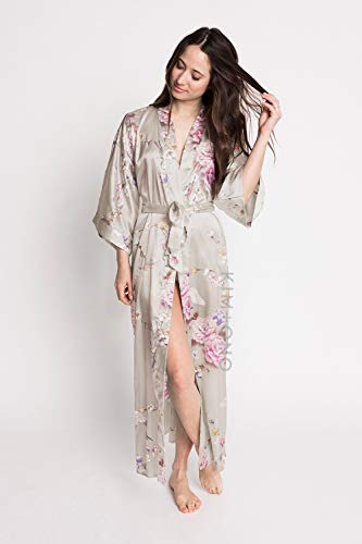 OLDSHANGHAI Luxury Kimono Robe for Women | Long Satin Floral Robe | Original Design | Removable Waist Tie Closure
