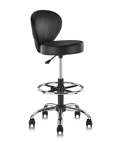 Image of KLASIKA PVC Faux Leather Drafting Chair Rolling Swivel Salon Stool Seat Adjustable Height 30 Inch with Back Support Foot Rest Hydraulic Wide Seat Diameter 15 in for Tattoo Beauty Barber Lash