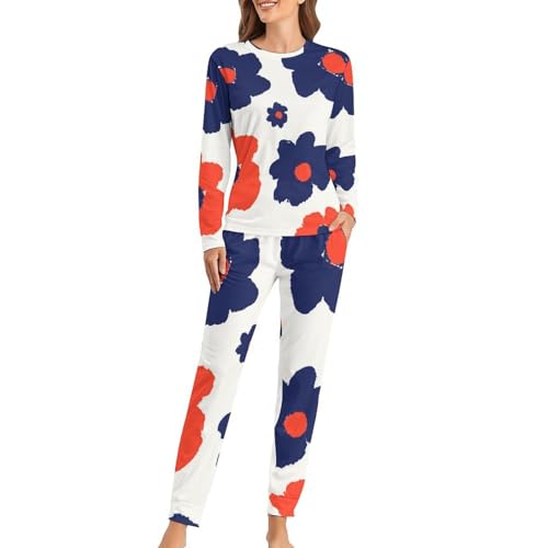 Pyjama femme fleurs noires rouges contre le froid nocturne avec haut manches longues