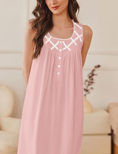 Image of Ekouaer Nightgowns for Women Cotton Long Night Gown Sleeveless Sleep Dress Victorian Nightdress Ladies Sleepwear