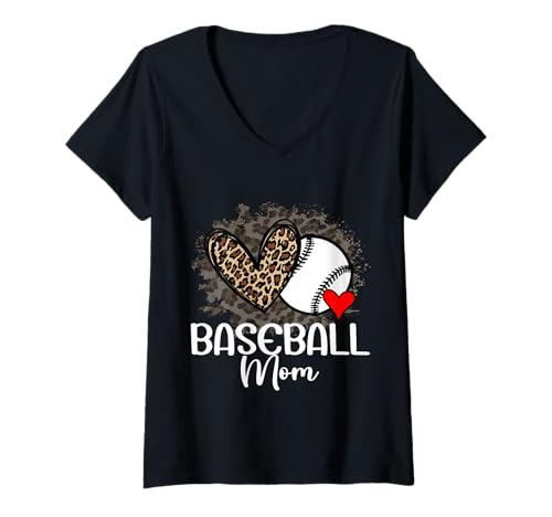 Mujer Baseball Mom Funny Leopard Heart Orgulloso Baseball Mom Camiseta Cuello V