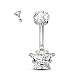 ESHIONER G23 Titanio Piercing Ombligo Plata Estrella Anillo Joyería Para Mujeres Barbell CZ Blanco Internamente Roscado Piercing Ombligo 14G 10MM