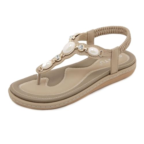 Women's Flat Sandals Summer Beach Sandal Elastic Strap Rhinestone Beaded Bohemia Shoes Flip Flops Clip Toe Sandals