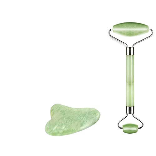 Jade Roller & Gua Sha Scraping Massage Tool By Truweo - Himalayan Anti-Aging 100% Natural Facial Jade Stone Set - Face Eye Neck Beauty Roller For Slimming & Firming - Rejuvenate Skin & Remove Wrinkles #TOP1