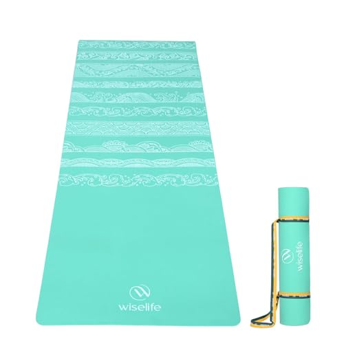 Image of Wiselife Printed Exercise Yoga Mat with Carry Strap, Anti-Slip Fitness Mat for Yoga, Pilates, Stretching & Home Workout (Cyan Wave)