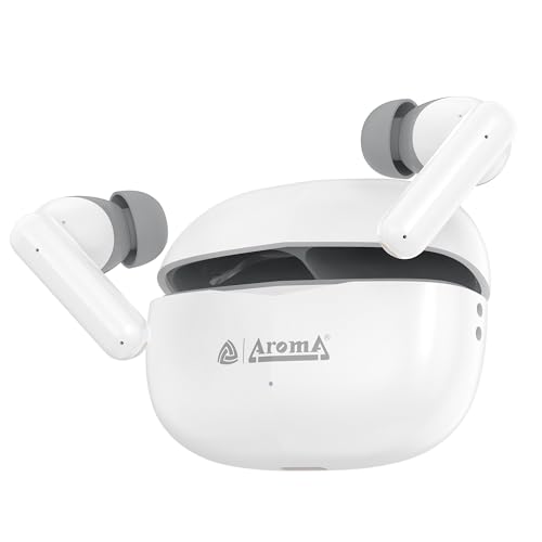 Image of AROMA TWS5 Orbit V5.4 True Wireless Earbuds - Matte White & Grey | Up to 55H Playtime, ENC, Fast Charging, Heavy Bass, Bluetooth