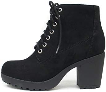 Soda Second Lug Sole Chunky Heel Combat Ankle Boot Lace up w/Side Zipper (5.5, Black Imitation Suede)