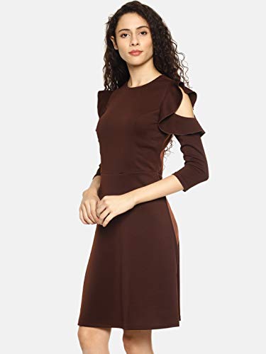 Image of AARA Women's Synthetic Cold Shoulder Ruffle Sleeve Casual Night Out Dress