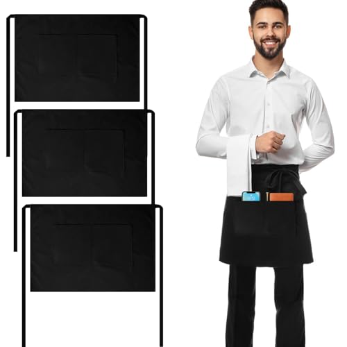 LPZMPZ 3 Pezzi Grembiule Bar Uomo da Cameriera Vita Cucina Corto Donna Nero Grembiuli Cameriere di Sala Impermeabile Regolabile con 2 Tasche per Ristorante Caffè Giardini Barista Chef