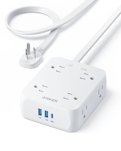 Anker Surge Protector Flat Plug Power Strip 2000J, 10ft Thin Extension Cord, 8 Outlets,2 USB A and 1 USB C Port,20W for iPhone15,Wall Mount,Compact for Home,Office,Room,TUV Listed