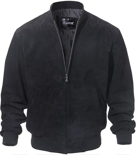 FLAVOR Men's Leather Baseball Jacket Vintage Suede Pigskin (X-Large, Black)