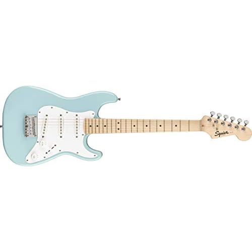 Pack de guitarra eléctrica Fender FSR Squier Electric Mini Stratocaster, color azul Daphne, ideal para principiantes. Incluye amplificador, cable, correa, púas y afinador de pinza.