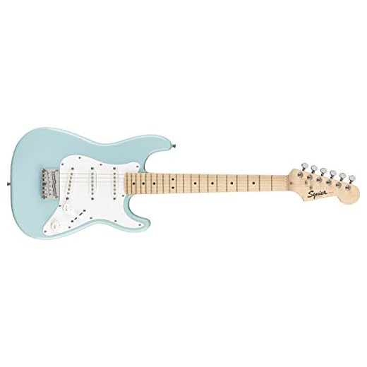 Pack de guitarra eléctrica Fender FSR Squier Electric Mini Stratocaster, color azul Daphne, ideal para principiantes. Incluye amplificador, cable, correa, púas y afinador de pinza.