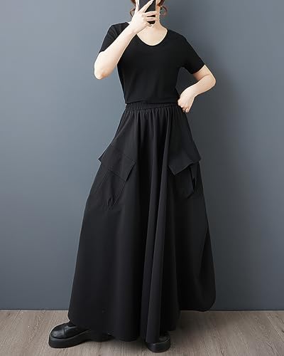 ellazhu Women's Skirt Elastic Waist Pockets Plus Size Solid Casual Fashion Maxi GZ550 A2