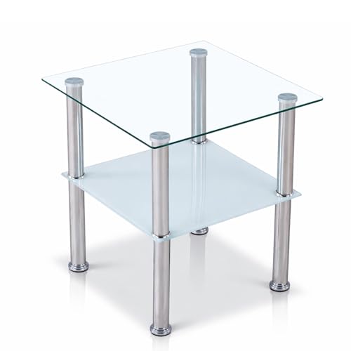 Euro Tische Beistelltisch aus Glas mit Ablage Satiniert quadratisch - 2-Ebenen-Design, Sicherheitsglas & Edelstahlbeine - abgerundet oder eckig - Glasplatte 6mm - Schwarz Satiniert - Glas Couchtisch
