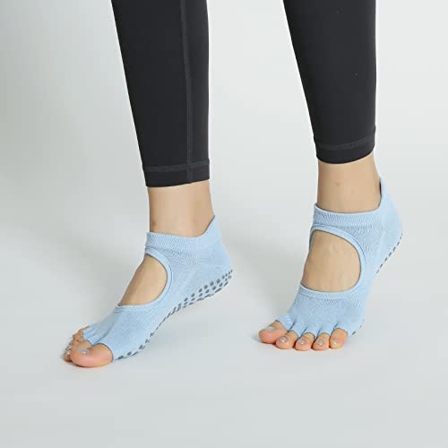 Image of Yoga Pilates Toe Socks Toeless Socks with Grips for Women Non Slip Cushioned Low Cut Ankle Socks for Dance