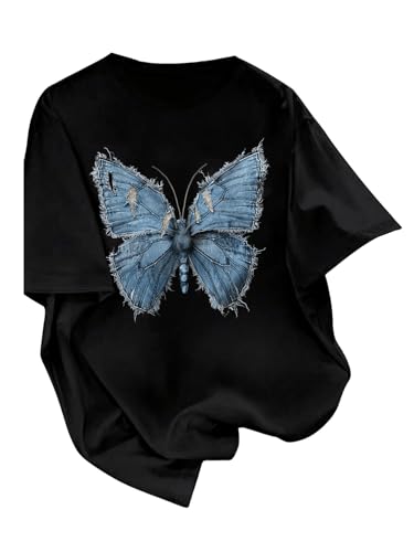 SweatyRocks Girl's Ripped Butterfly T Shirt Short Sleeve Crew Neck Graphic Tees Streetwear