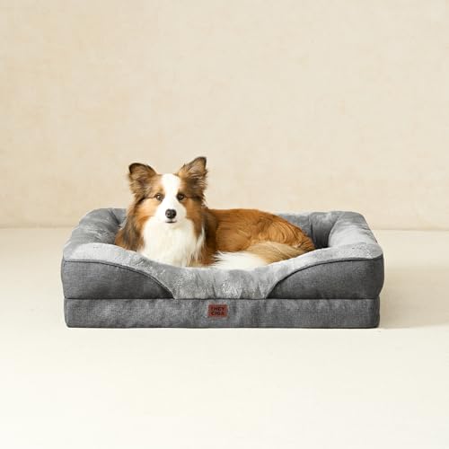 EHEYCIGA Orthopädisches Hundebett Mittelgroße Hunde, 91x68x17.5cm, Memory Foam Waschbar und Wasserdicht Hundekorb mit 4 Rändern, Hundesofa Hundecouch rutschfest, Grau