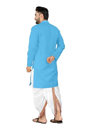 Image of UNIQUE MOMENTS Men's Cotton Dhoti Kurta Set with Full Sleeves Solid Pattern Modern Style and Mandarin Collar Neck | Perfect for Puja & Celebrations
