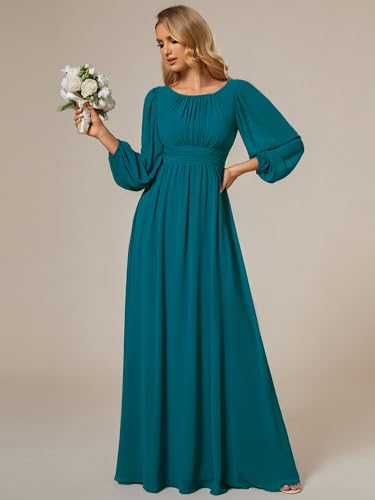 Image of Ever-Pretty Women's Crewneck Long Lantern Sleeves Floor Length A-Line Pleated Chiffon Formal Dress 0106B