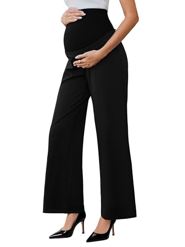Ecavus Women's Maternity Pants Over Belly Skinny Stretchy Work Pants for Women Pregnancy Wide Leg Trousers with Pockets, Black-long, Medium