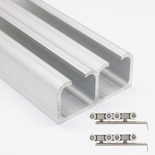 Heavy Duty Double Pocket Door Hardware, Kit de Herrajes para Puerta Corredera Oculta de 3mm de Grosor, Full 5ft 6 7 8 10 12 14 16 18 20 24 26 28 30 Ft, Kit de Herrajes para Puerta Granero, Comercial/Residencial (Plateado, 2ft/61cm) miniatura 1