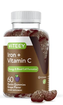 Iron Gummies 20mg + Vitamin C 26mg for Iron Deficiency and Anemia, Supports Energy, Blood Cell Formulation, Blood Builder,...