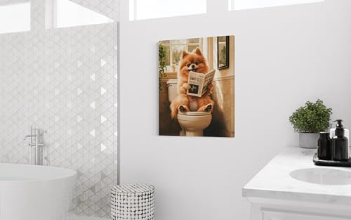 Image of Pomeranian on Toilet Wall Art Print Canvas Wrapped, Dog Bathroom Humor Decor Posters Prints for Restroom Home Picture Painting Artwork Gallery 7 (Pomeranian, 20 inchL x 16 inchW CANVAS, Wrapped Canvas)