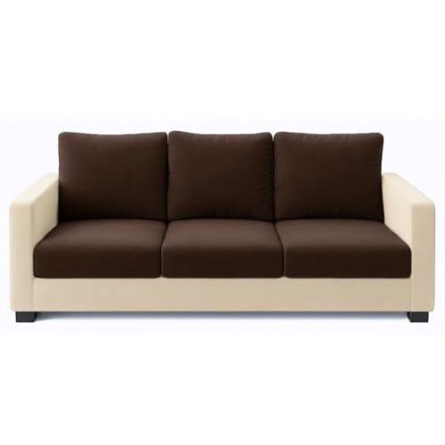 Image of FURNY Haster 3 Seater Fabric Sofa Set (Cream-Dark Brown) with Velvet Finish | Durable Comfort | Ideal for Living Room