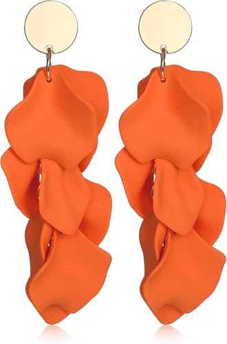 Diamday Acrílico Clip Pendientes para Mujer Niña Largo Rosa Pétalo Pendientes Vintage Colgante Exagerada Flor Pendientes Elegante Gota Statement Florales Borla Pendientes Colorido Naranja