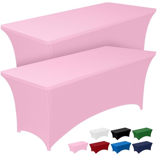 Image of Pureegg Spandex Tablecloth 6ft - 2 Pack, Fitted and Tight Cloth for Rectangle Table, Wrinkle-Free and Stretch Table Cover for Party, Wedding, Banquet and Birthday, Pink
