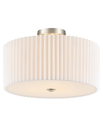 Image of VONLUCE Semi-Flush Mount Ceiling Light 15.7 inch, 3-Light Drum Light Fixture | White Pleated Shade with E26 Sockets, Light Fixture for Nursery, Bedroom, Entryway, Hallway, Nickel Finish, ETL Certified
