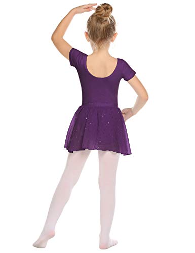 Foto von Arshiner Ballettkleid Kurzarm Mädchen Ballettanzug Baumwolle Ballettkleidung Ballett Tanzbekleidung Tanzbody mit Chiffon Wickelrock Violett 140/6-7 Jahre