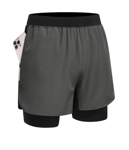 PINSPARK Shorts Herren Sport Sporthose Outdoor Kurze Sporthose 2 in 1 Gym Laufshort Frühling Schnell Trocknend Trainingsshorts Kompressions Basketball Shorts Dunkelgrau M