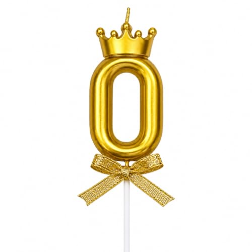 Image of Number 0 Birthday Candle with Crown | Metallic Cake Topper Candle for Birthday, Anniversary, Golden Jubilee & Celebration Cakes | Party Decoration Candles, Gold,1 pc