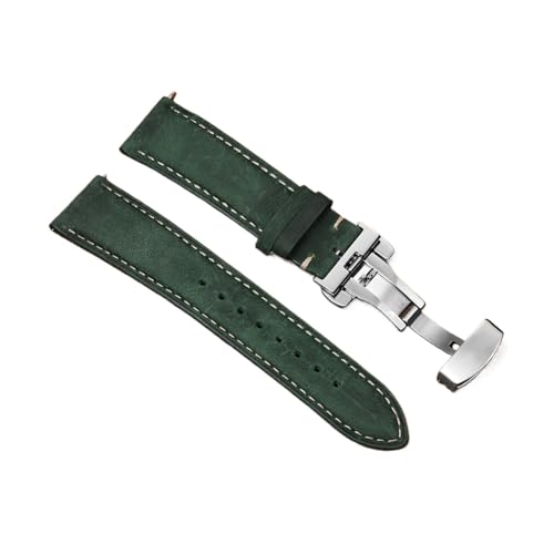 Bracelet de montre en cuir de veau vert 22mm boucle papillon surpiqué