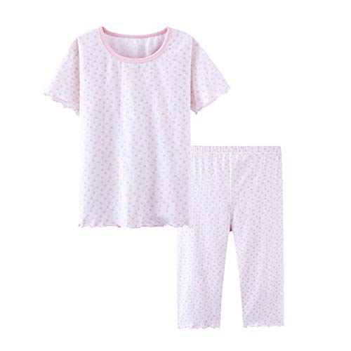 [S-Lifeeling] 子供 パジャマ ガールズ 半袖 110～150cm 上下セット 女の子 子供服 ルームウェア 部屋着 綿95% かわいい 夏 丸襟 部屋干し 抗菌防臭 ホワイト ピンク ハート小紋（Amazon）