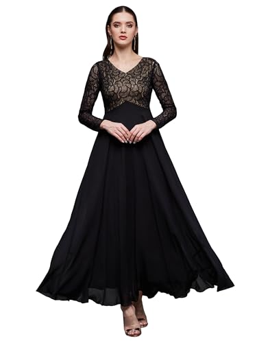 Image of Miss Chase Women's V-Neck Full Sleeve Self Design Lace-Overlaid Georgette Maxi Dress
