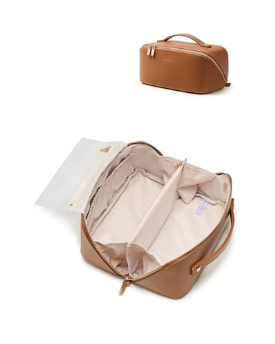 Image of EACHY Travel Makeup Bag, Large Capacity Cosmetic Bag for Women, Waterproof PU Leather, Flat Open Portable Toiletry Bag for Skincare, Brushes & Travel Essentials