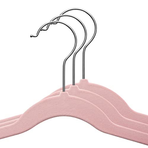 Techzoo 50 Premium Kids Velvet Hangers - 14" Inch Non-Slip Kids Hangers - Ultra Slim Space Saving Children Hangers - 360°Swivel Hook, Strong & Durable Kids & Preteen Hangers - Pink #TOP2