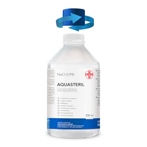 AIESI® Suero fisiologico solution salina (250 ml) para lavado nasale, nebulizador e irrigación con tapón resellable AQUASTERIL, Cloruro de sodio al 0,9%