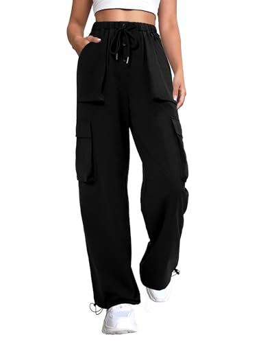 DLOODA Womens Parachute Cargo Pants Quick Dry Lightweight Baggy Hiking Joggers with 4 Pockets Casual Travel Outdoor Black