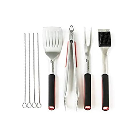 Megamaster 8-Piece Grill Tool Set, Stainless Steel, Perfect Outdoor BBQ and Gas Grill Accessory, Tongs + Spatula + Fork + 4 Skewers + Cleaning Brush, 530-0094P Cover