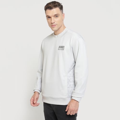 Image of GUESS Men Grey Solid Round Neck Full Sleeves Pullover Style Sweatshirt