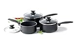 Juego de tres cazos para cocina Cambridge de 16/18 y 20 cm de diámetro que incluye tapa de vidreo templado; adecuado para cocinar en tu día a día