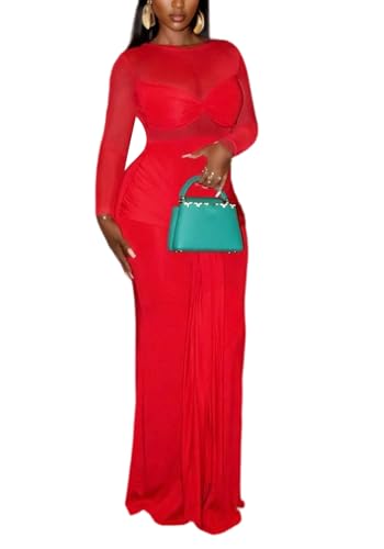 Women’s Elegant Long Sleeve Mesh Maxi Dress Sexy Knot Ruched Bodycon Evening Club Party Cocktail Long Dresses