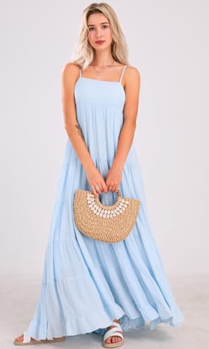 Image of loveimgs Women Summer Spaghetti Strap Smocked Maxi Dress Tiered Ruffle Sleeveless Long Flowy Dress Beach Sundress