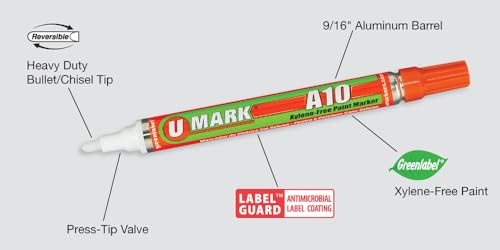 U-Mark Industrial Paint Marker, A10 6-pack Black/Blue/Red/White/Yellow/Orange 10150, Assortment pack, Permanent and marks on metals, plastic, wood, tile, porcelain